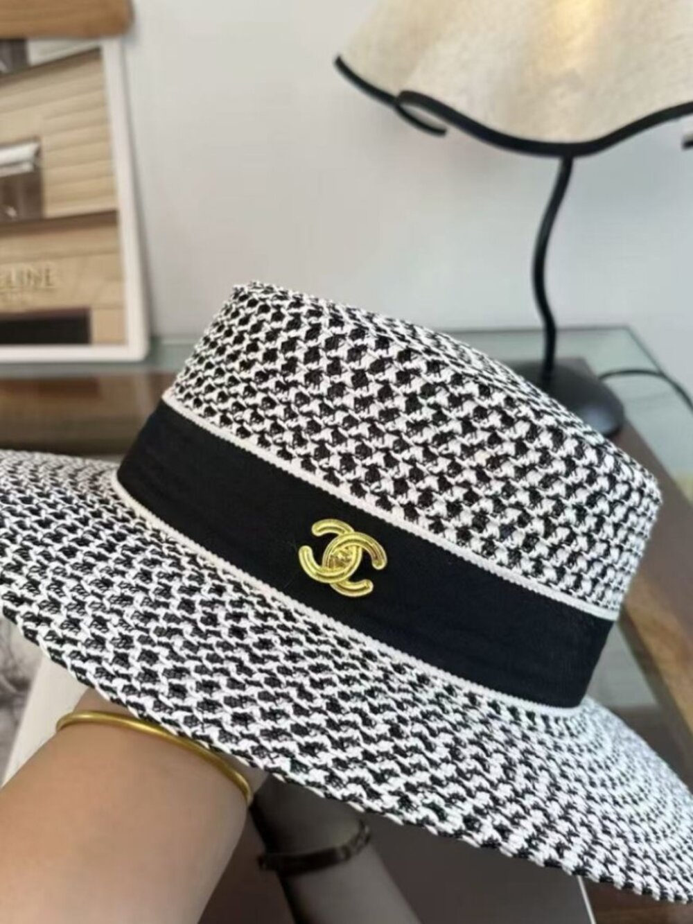CHANEL Black White Woven Straw Flat Top Fedora Hat With CC Logo